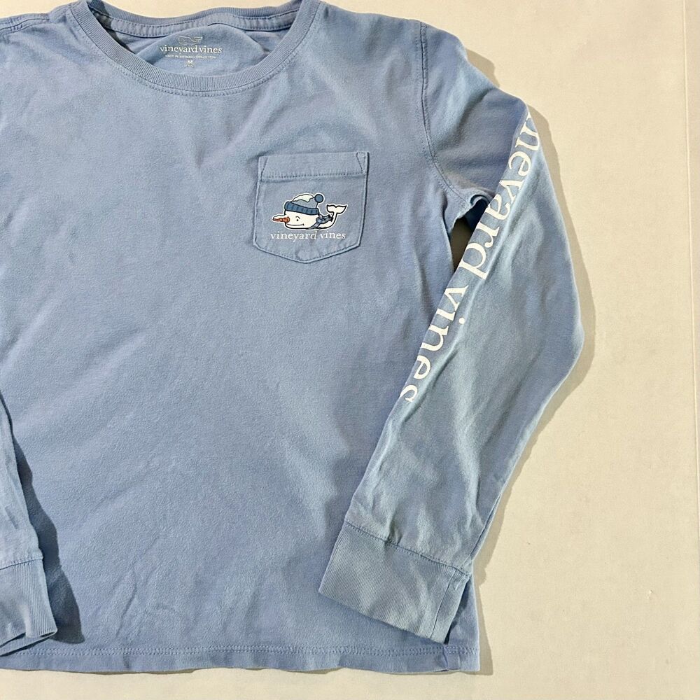 Vineyard Vines, Girls Blue Snow Whale Long Sleeve Pocket Tee, sz M, Holiday